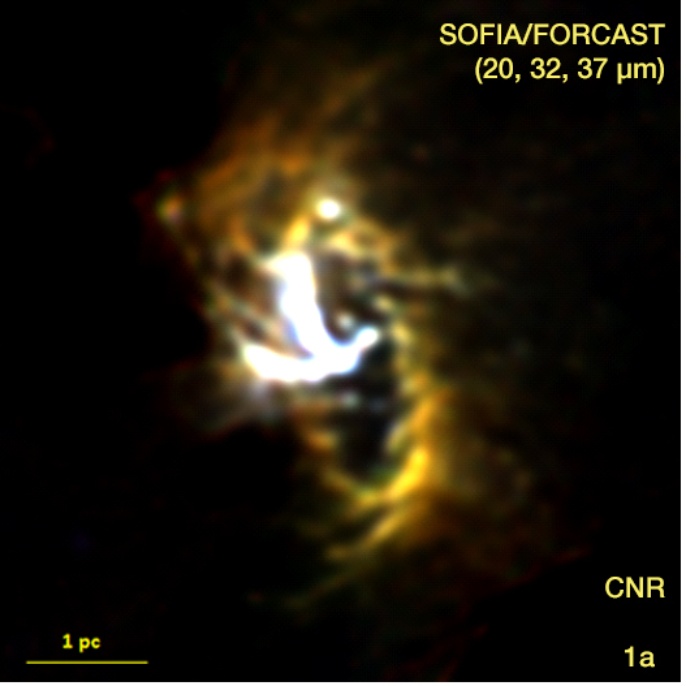 This SOFIA – FORCAST image in the mid-infrared range (20, 32, 37 µm) shows a so-called circumnuclear ring of dust and gas that surrounds the black hole in the center of our Milky Way galaxy. (FORCAST means Faint Object InfraRed Camera for the SOFIA Telescope).