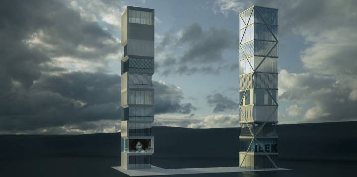Two visualizations of designs for a planned demonstrator high-rise building in the final development phase.