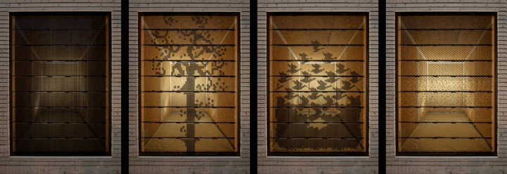 Switchable, pixelated glazing with various dimout factors and with different motifs.