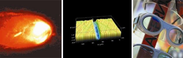 Eine Idee von der in Lasern steckenden Energie vermittelt die Aufnahme links: sie zeigt den Schmelzbad- und Kapillarbereich beim Schweißen von Aluminium mit Lasern. In der Mitte sind 3D-Strukturen zu sehen, die mit konfokaler Mikroskopie vermessen wurden. Laserschutzbrillen der neuesten Generation zeigt das Bild rechts