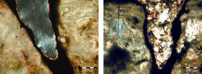 Schnittbild einer unverschmutzten (links) und einer verschmutzten Asphaltpore