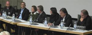 Uwe S. Brandes, Jochem Schneider, Sigrun Lang, Franz Pesch, Kerstin Höger, Peter de Bois, Eckhart Ribbeck (von links nach rechts)