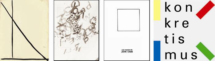 Links eine geometrische Komposition des Grafikers, Fotografen und Malers Anton Stankowski (1906 - 1998), daneben ist seine Komposition „Metallbuchstaben“ aus dem Jahr 1930 zu sehen. Das Quadrat in John Cage Maínier des uruguayanischen konkreten Dichters Clemente Padín stammt aus dem Buch „Homenaje al cuadrado“ aus dem Jahr 1999 (© Clemente Padín). Das Plakat rechts hat Karl Duschek vom Grafischen Atelier Stankowski + Duschek (Stuttgart) für das Konkretismus-Kolloquium entworfen (© stankowski + duschek)