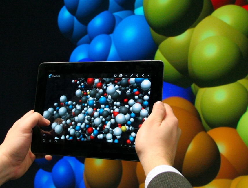 Simulation eines Atoms auf der Powerwall im Visualisierungsinstitut 