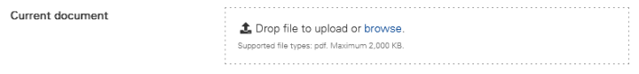 A pop-up window opens when you click on "Drop file to upload or browse". You can upload and replace documents using this window.