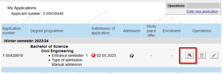 To the right is a magnifying glass symbol. Click on this to open your application status.
