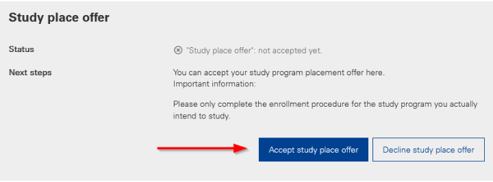 Click on "accept study place offer" to do this.