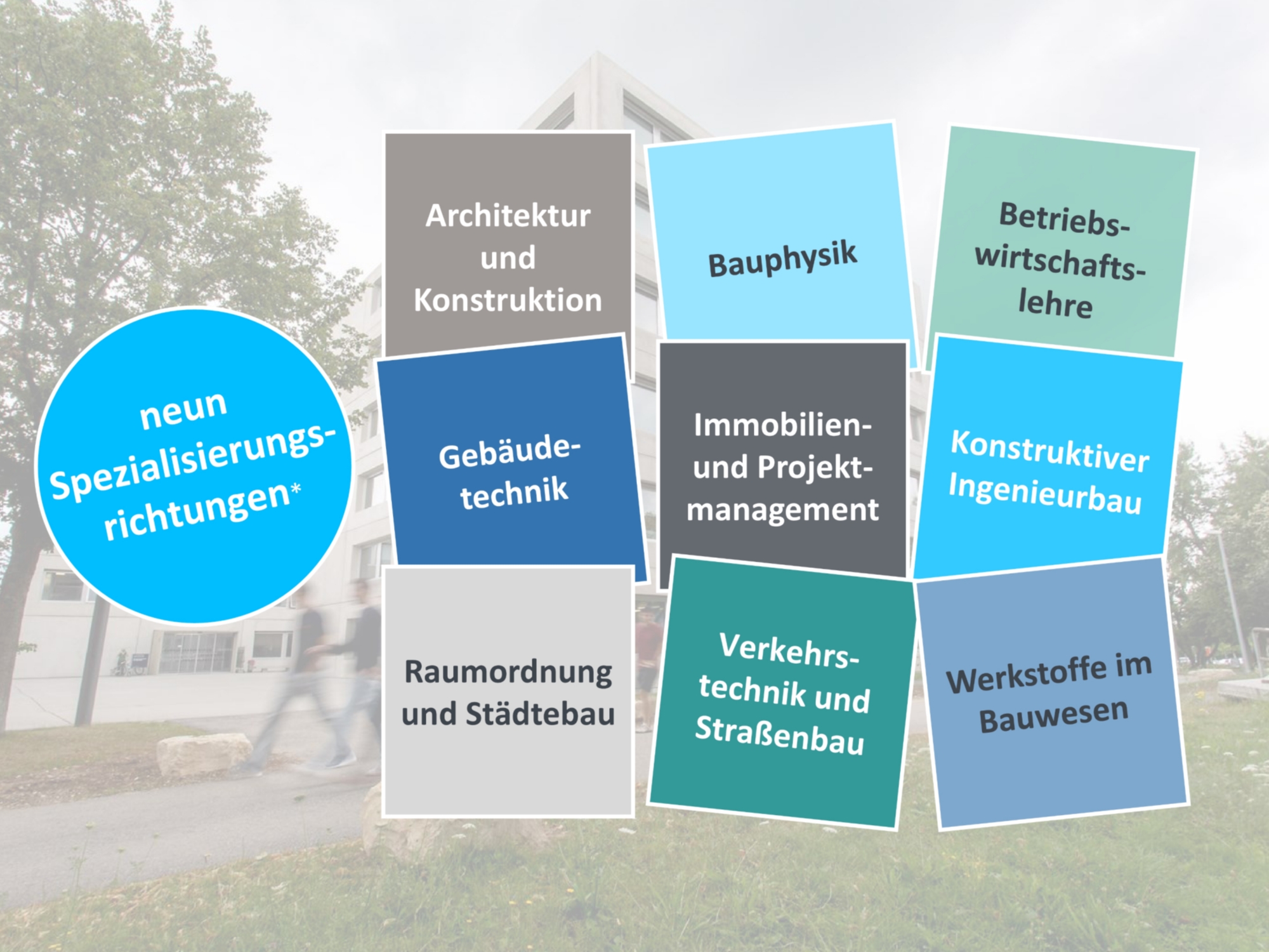 Über die Wahl- bzw. Spezialisierungsmodule können sich Studierende Spezialisierungsrichtungen* aus insgesamt neun verschiedenen Bereichen aneignen. 