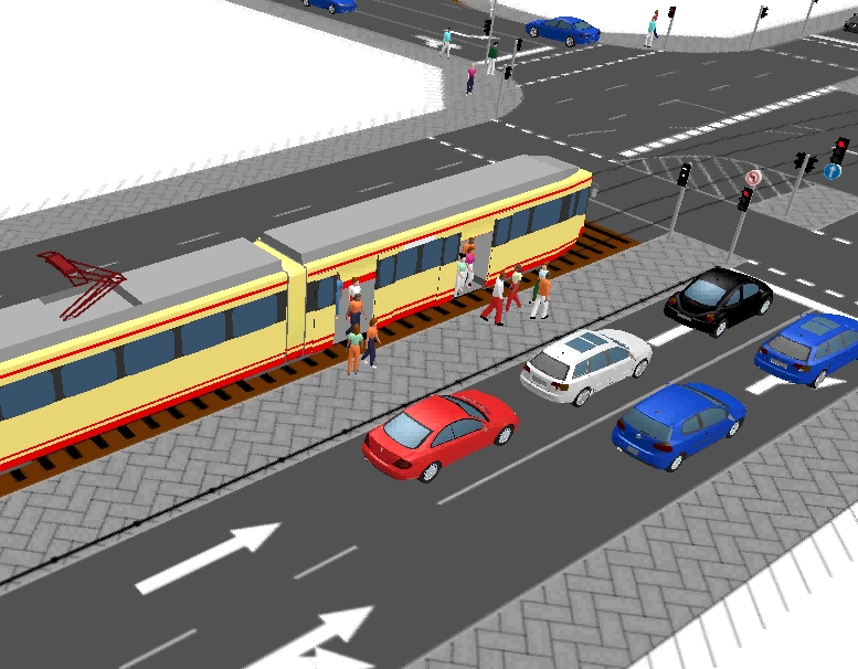 Ausschnitt aus einer Computersimulation: mehrspurige Straßenkreuzung mit Straßenbahn