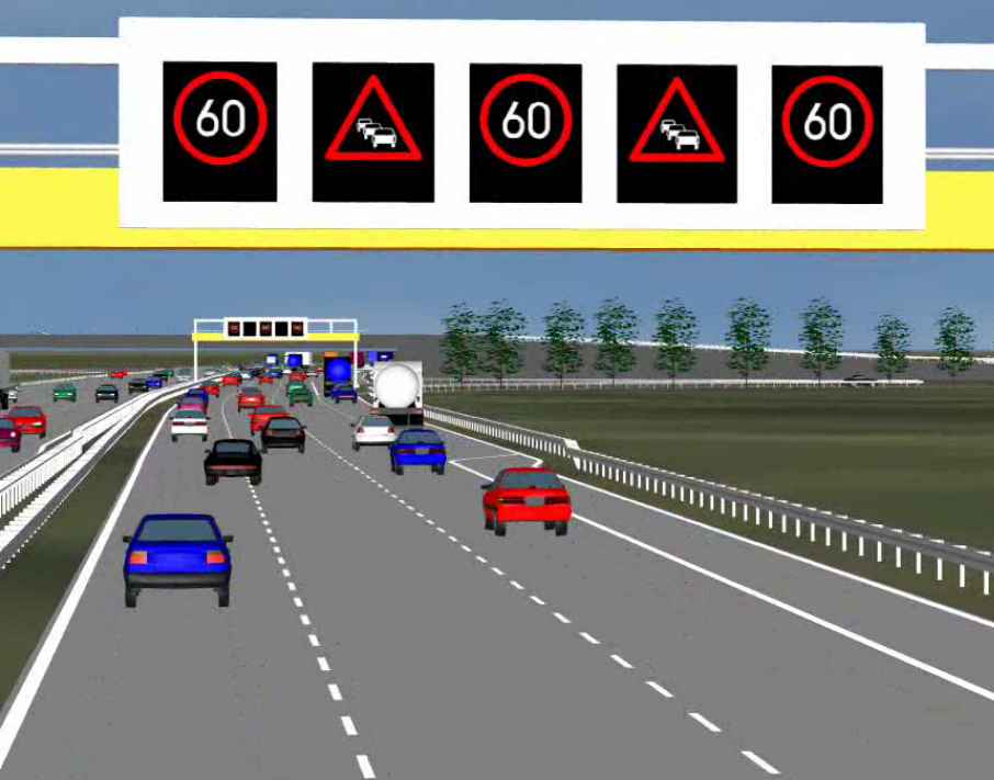 Ausschnitt aus einer Computersimulation: Autobahn mit elektronischer Verkehrsbeeinflussungsanlage (Leuchtschilder mit Tempolimit). Foto: ISV-VuV