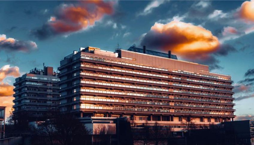 Campus building at sunset.