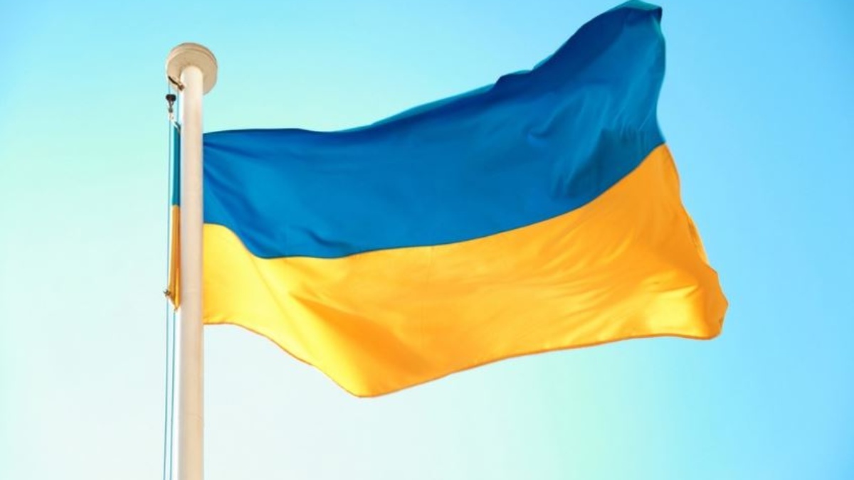 Ukrainian flag flies in the sky