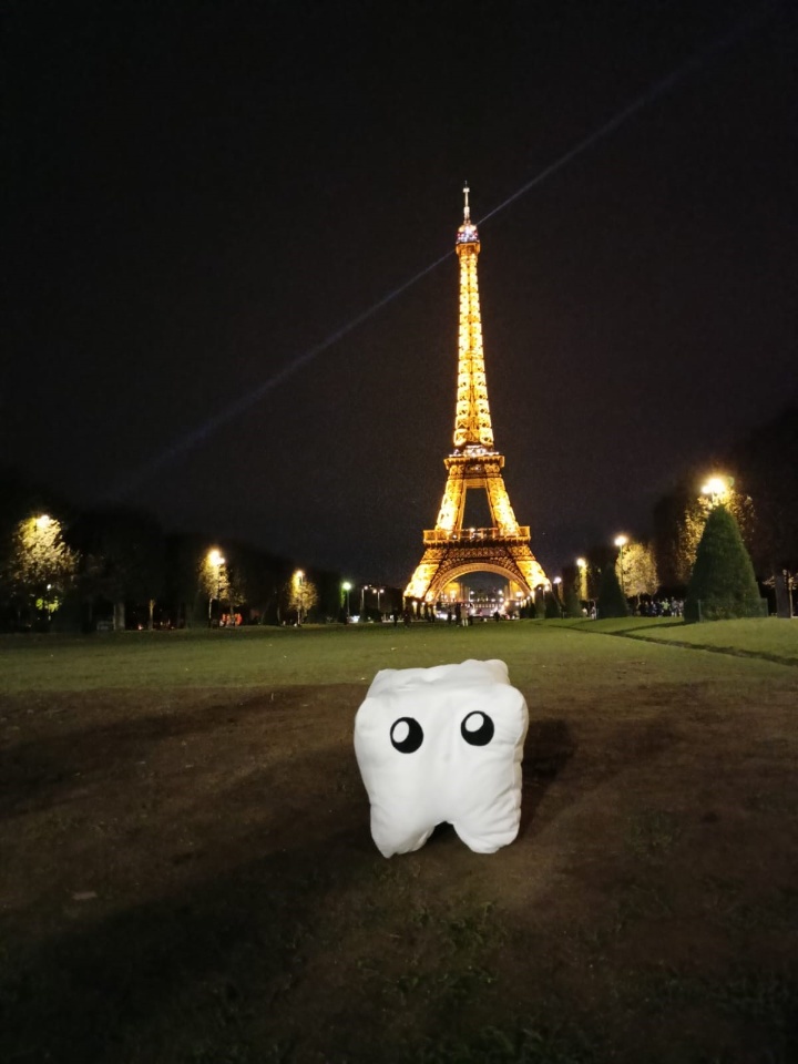 The mascot "Zahni" at night in front of the Eiffel Tower in Paris.
