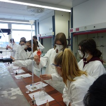 Teilnehmerinnen der Eliteakademie Chemie und Materialwissenschaft in einem Chemielabor.