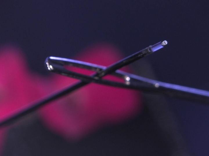 Ultradünnes Endoskop, das durch ein Nadelöhr geschoben wird.  