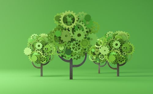 Trees with green gearwheels instead of leaves