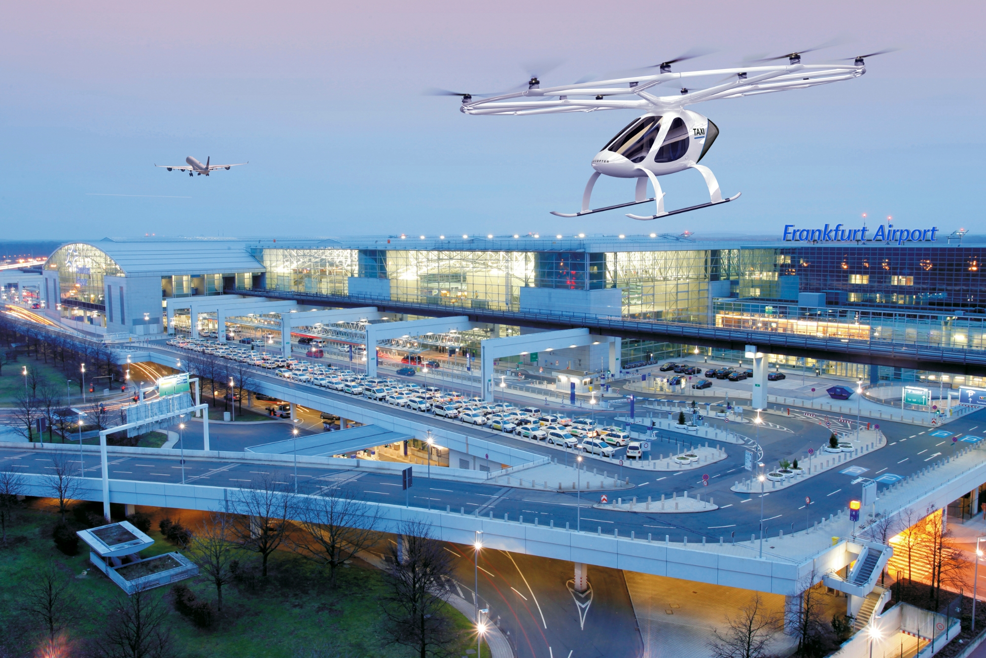Illustration eines Volocopters am Frankfurter Flughafen.