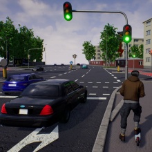 Screenshots aus einer Fahr-/Verkehrssimulation, in der die automatisierten Fahrfunktionen virtuell getestet werden können.
