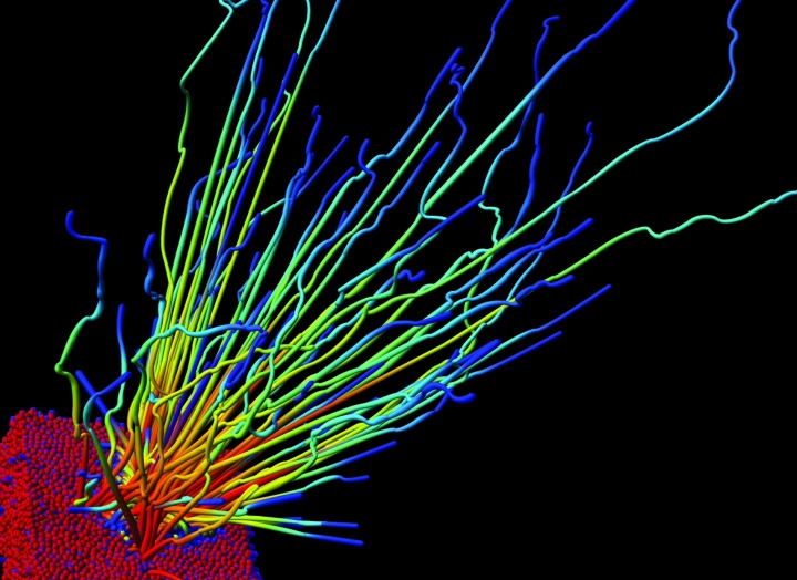 The so-called laser ablation. A laser beam is hereby fired at a piece of metal. The particles thereby catapulted out could cause damage. In this visualisation the tracks traversed from these catapulted particles are displayed. The colour coding shows the course. The simulation of this is important in research, for example, for material processing but also for eye operations.