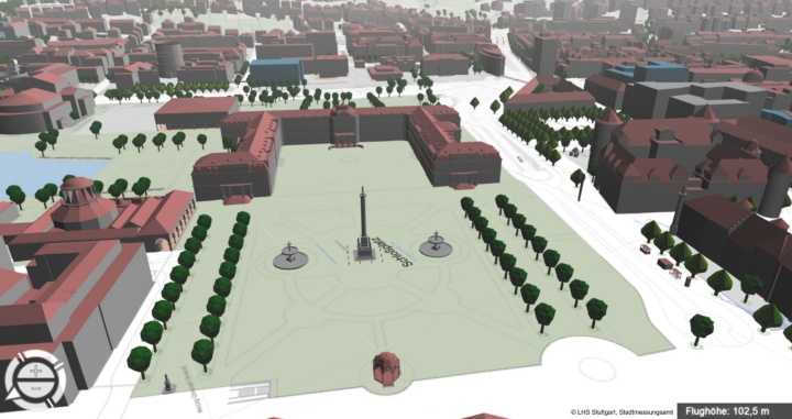 3D-Modell des Stuttgarter Schlossplatzes. Auf Simulationen wie diese baut das Projekt Windy Cities auf.  Landeshauptstadt Stuttgart, Stadtmessungsamt