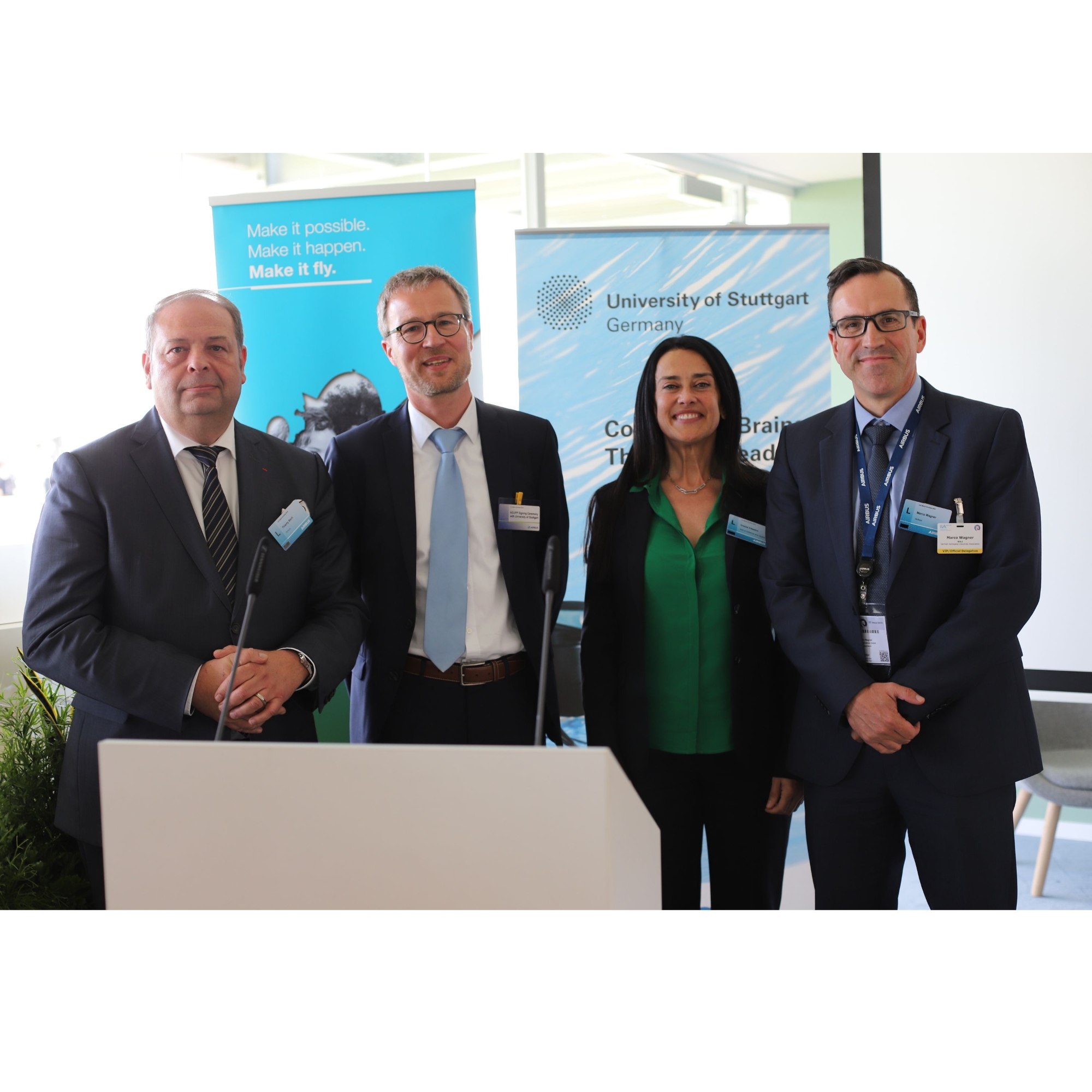 From left: Thierry Baril, Professor Peter Middendorf, Grazia Vittadini and Marco Wagner, Managing Director and Industrial Relations Director at Airbus Commercial in Germany, at the signing ceremony for the AGUPP partner agreement at the ILA.