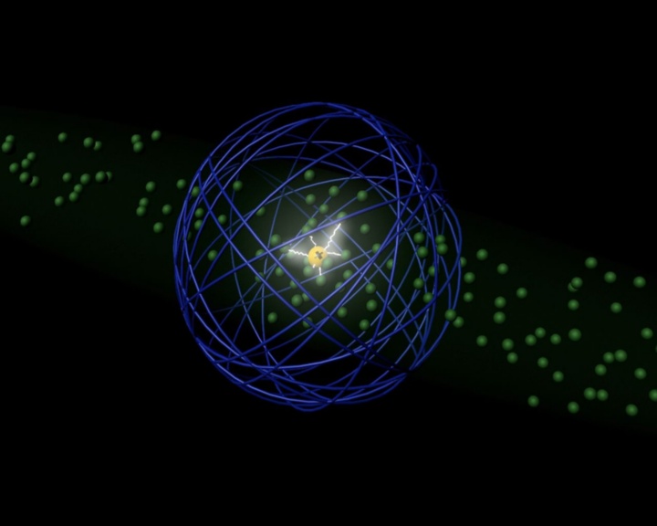 Der geladene Kern eines Riesenatoms wechselwirkt mit benachbarten Atomen, während das Elektron weit entfernt den Kern vor elektrischen Störfeldern schützt. 