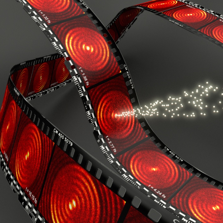 Symbolic image of the experimentally measured snapshots at different times for short-range surface plasmons (excited with light at 800 nm wavelength), the nanofocus in the center which is created, and the electrons ejected by the nanofocus. 