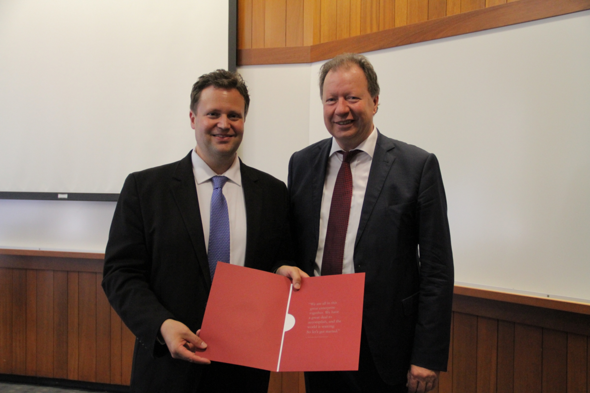 Professor Wolfram Ressel and Professor Markus Bühler with the deed.