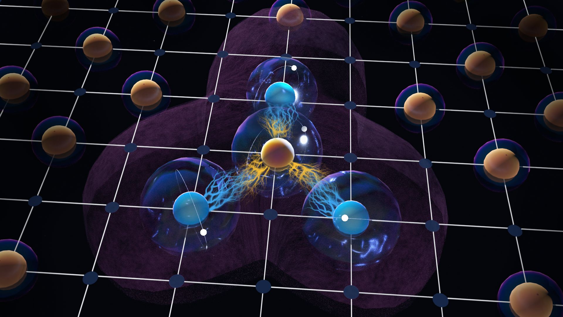 Künstlerische Darstellung eines Mehrteilchen-Quantengatters mit gefangenen Rydbergatomen. Ein zentrales Qubit kontrolliert den Zustand von mehreren benachbarten Qubits über die starke Wechselwirkung zwischen Rydbergatomen.