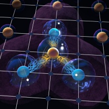 Künstlerische Darstellung eines Mehrteilchen-Quantengatters mit gefangenen Rydbergatomen. Ein zentrales Qubit kontrolliert den Zustand von mehreren benachbarten Qubits über die starke Wechselwirkung zwischen Rydbergatomen.