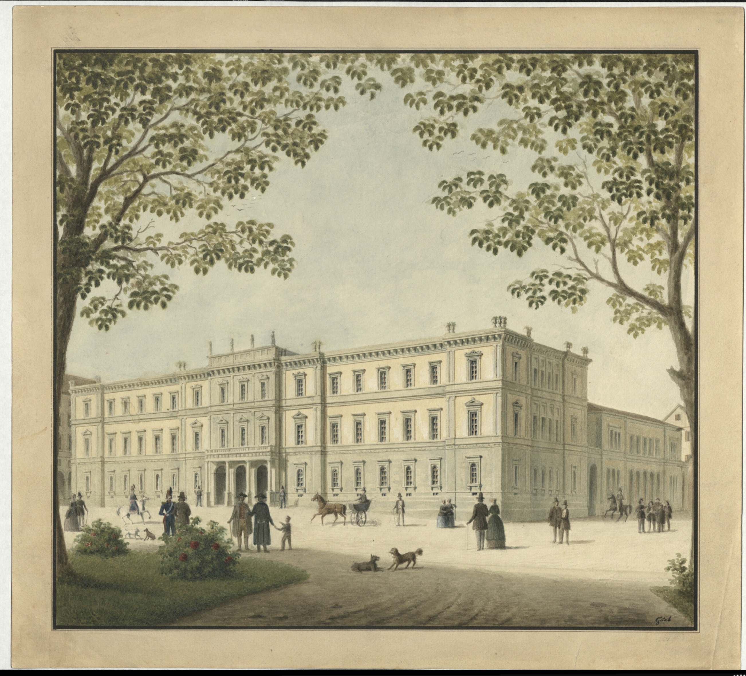 Perspektivische Zeichnung des Stuttgarter Kronprinzenpalais, entworfen von Ludwig Friedrich Gaab 1844.
