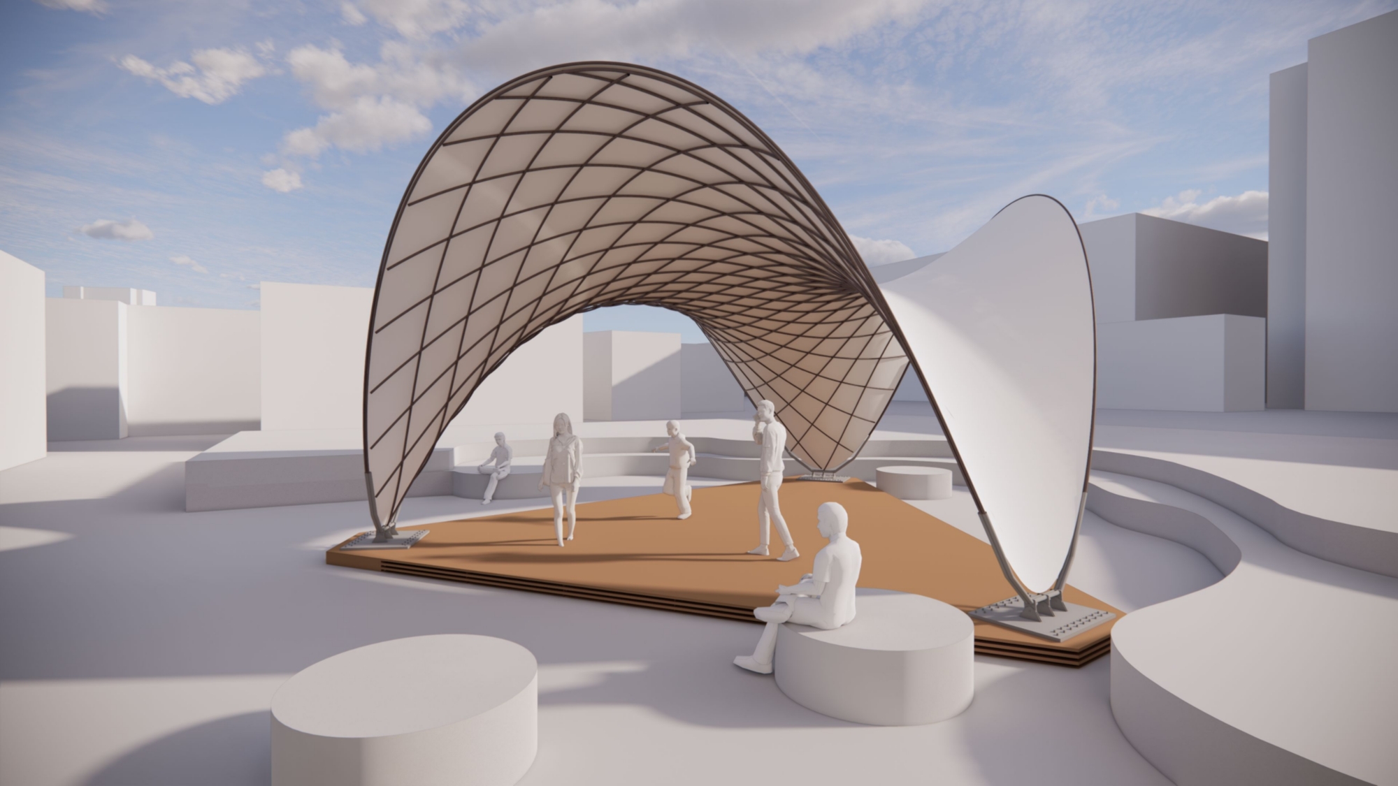 Visualisierung des BioMat Pavillons 2021.