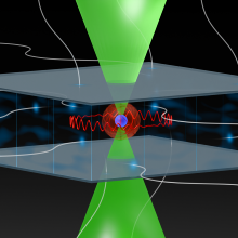 Illustration eines zirkularen Strontium Rydberg-Atoms gefangen in einer optischen Pinzette.