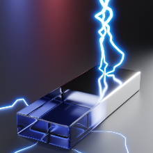 Image symbolizing electrically switchable nanoantennas. The part of the nanoantenna with the lightning from top looks metallic, with metallic luster when it is electrically charged.
