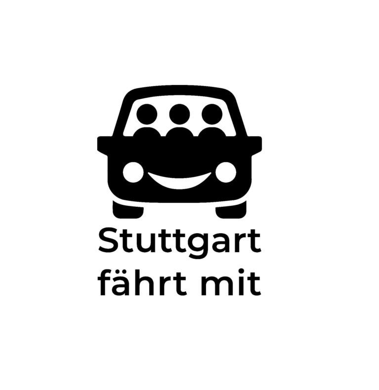 Ein Auto mit lächelndem Gesicht und drei Insass*innen bildet das Logo der App. Darunter steht der Schriftzug "Stuttgart fährt mit". 