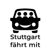 Ein Auto mit lächelndem Gesicht und drei Insass*innen bildet das Logo der App. Darunter steht der Schriftzug "Stuttgart fährt mit".