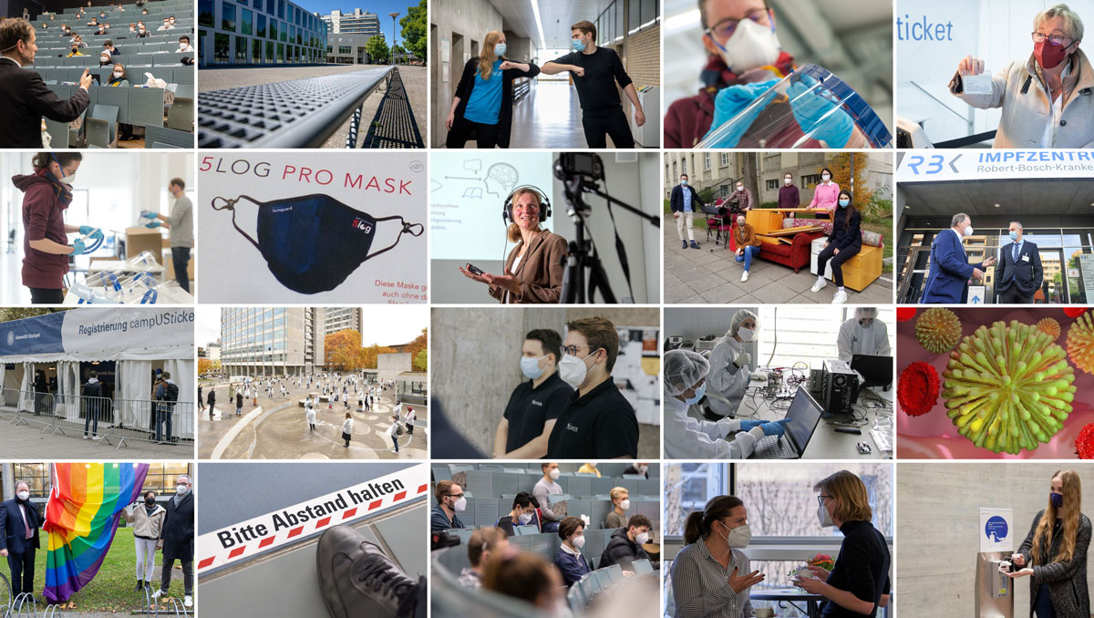 Collage von Bildern mit Gegenständen und Situationen, die man mit Corona in Verbindung bringt