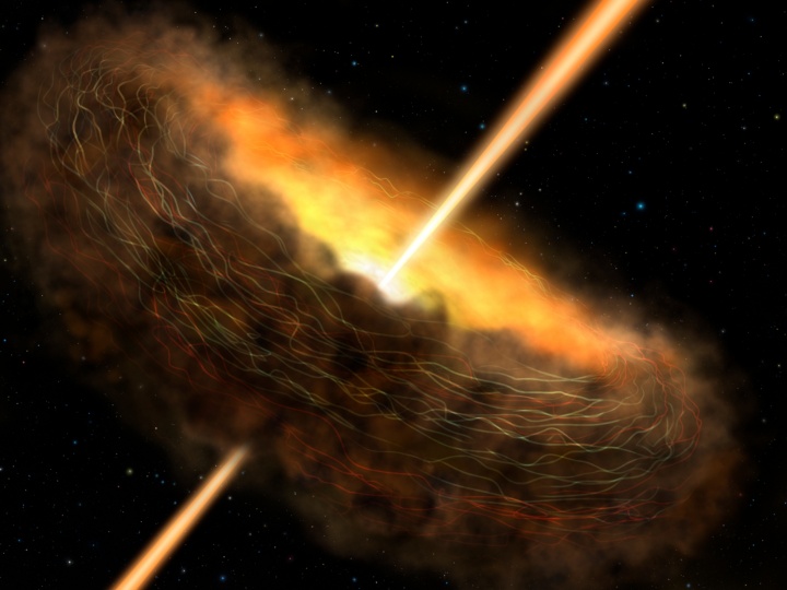 Diese künstlerische Darstellung zeigt die Galaxie  Cygnus A – mit supermassivem schwarzen Loch im Zentrum und den orthogonalen Radiojets – welche mit der Infrarotkamera HAWC+ an Bord von SOFIA während eines Fluges über Südkalifornien untersucht wurde. Die erhobenen Daten zum oben abgebildeten Magnetfeld bilden die Grundlage für die Folgebeobachtung der Galaxie Markarian 231, die SOFIA während ihres ersten wissenschaftlichen Europafluges ins Visier nehmen soll.