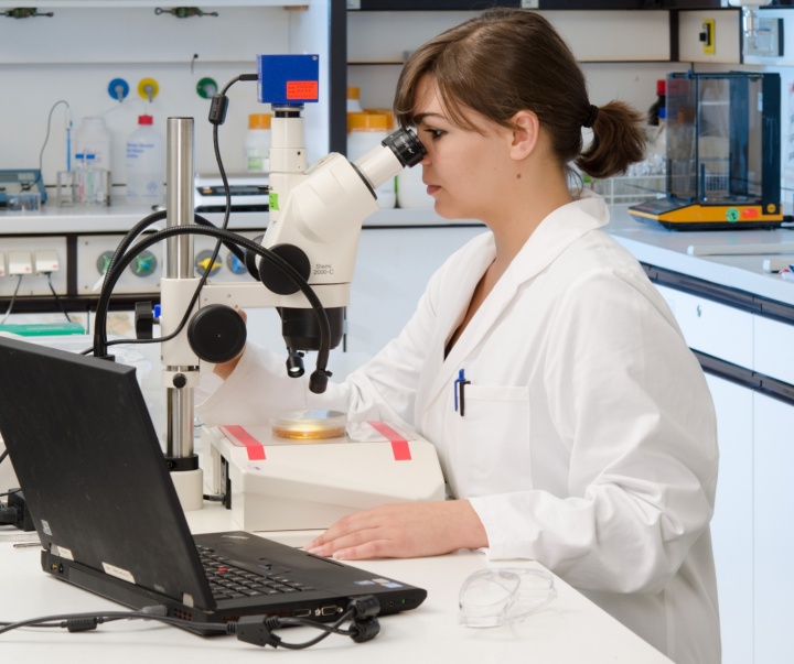 Eine Biologielaborantin arbeitet am Mikroskop in einem modernen biologischen Laboratorium.