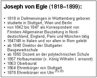 Textfeld: Joseph von Egle (18181899):

	1818 in Dellmensingen in Württemberg geboren
	studierte in Stuttgart, Wien und Berlin
	von 1842 bis 1847 als Korrespondent von Försters Allgemeiner Bauzeitung in Nord-deutschland, England, Paris und München tätig
	1847/48 in Italien und vor allem in Rom gelebt
	ab 1848 Direktor der Stuttgarter Baugewerkschule
	ab 1850 Dozent an der polytechnischen Schule
	1857 Hofbaumeister (v. König Wilhelm I. ernannt)
	1863 Oberbaurat 
	1864 Ehrenbürger von Stuttgart
	1878 Ehrenbürger von Ulm (1), (3)
