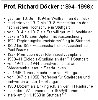 Textfeld: Prof. Richard Döcker (18941968):

	geb. am 13. Juni 1894 in Weilheim an der Teck 
	studierte von 1912 bis 1918 Architektur an der technischen Hochschule in Stuttgart
	von 1914 bis 1917 als Freiwilliger im 1. Weltkrieg
	bekam 1918 sein Diplom mit Auszeichnung
	1921 Regierungsbaumeisterprüfung in Stuttgart
	1922 bis 1924 wissenschaftlicher Assistent bei Paul Bonatz
	1924 Promotion über Kleinhaustypenpläne
	193941 Biologie-Studium an der TH Stuttgart
	von 1941 bis 1944 dienstverpflichtet am Wiederaufbauamt in Saarbrücken
	ab 1946 Generalbaudirektor von Stuttgart
	von 1947 bis 1958 Professor für Städtebau und Entwerfen an der TH Stuttgart
	1958 Dozent als Dr.-Ing.e.h. an der TH Karlsruhe
	nach dem Wintersemester 1959/60 emeritiert
	starb am 9.11.1968 in Stuttgart (3)
