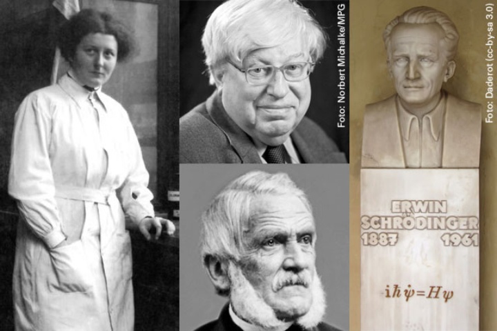 Clever minds in the natural sciences(from left): Nora Kräutle, Gerhard Ertl (top), Hermann Fehling (bottom) and a memorial for Erwin Schrödinger. 