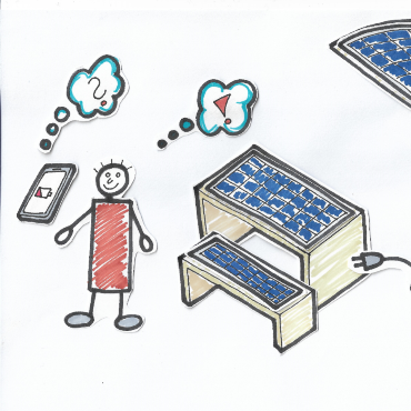 The illustration shows a person standing next to a table and bench covered with solar cells.