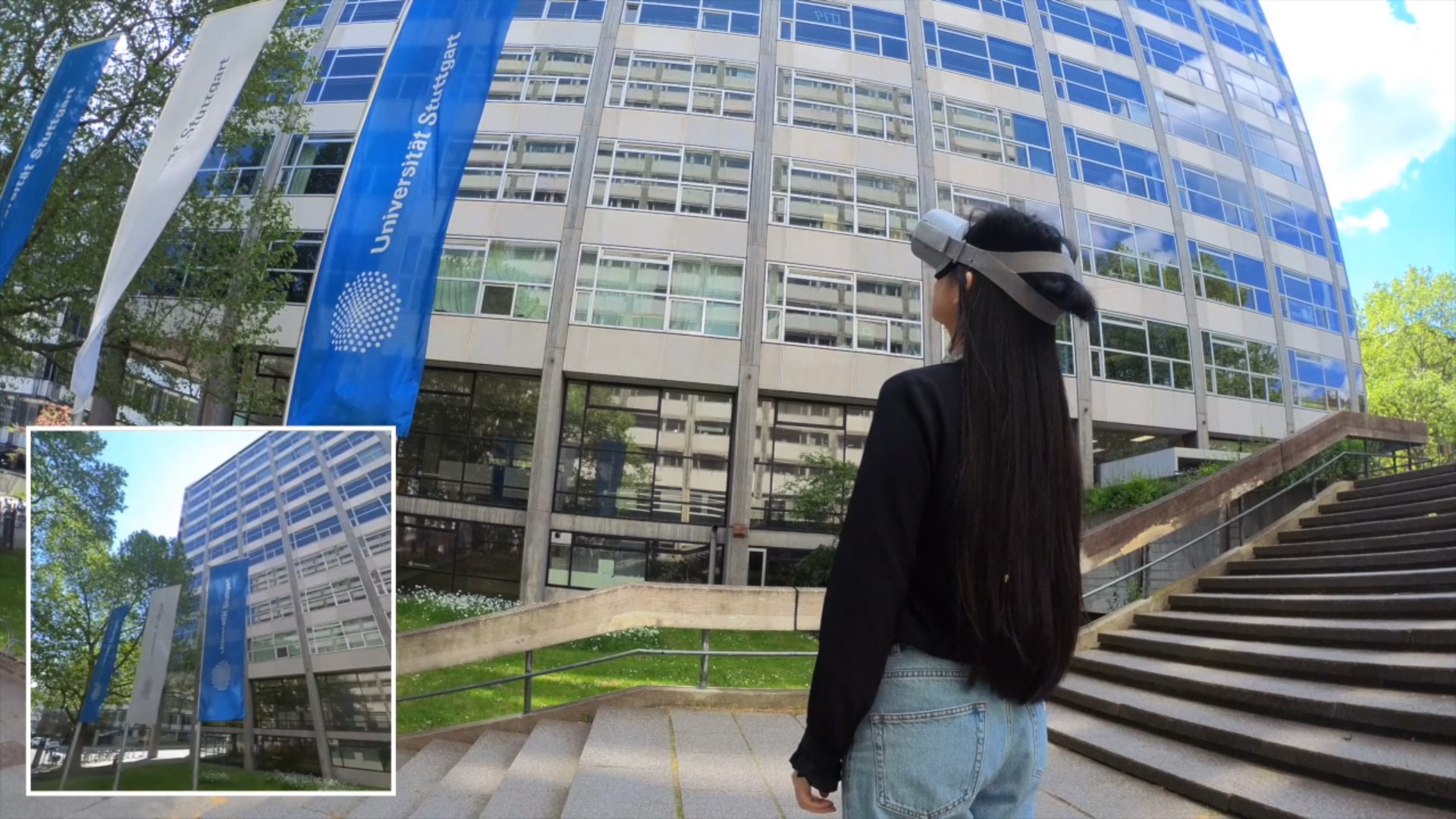 Eine Frau, die mit Virtual-Reality-Brille auf das Gebäude Keplerstraße 11 schaut.