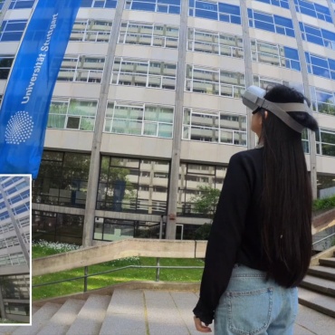 Eine Frau, die mit Virtual-Reality-Brille auf das Gebäude Keplerstraße 11 schaut.